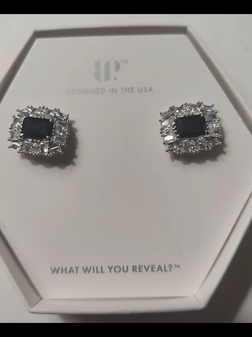 BP Square Black Stone Halo Stud Earrings
